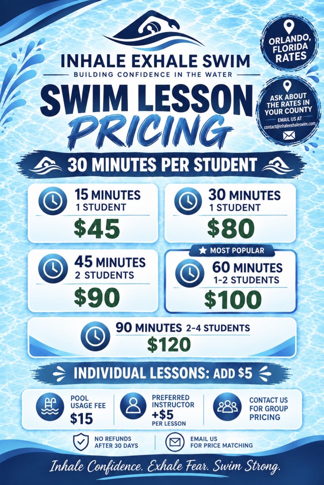 Inhale Exhale Swim swim lesson pricing flyer: 15 minutes $45, 30 minutes $80, 45 minutes $90, 60 minutes $100, 90 minutes $120; pool usage fee $15; preferred instructor +$5 per lesson; no refunds after 30 days