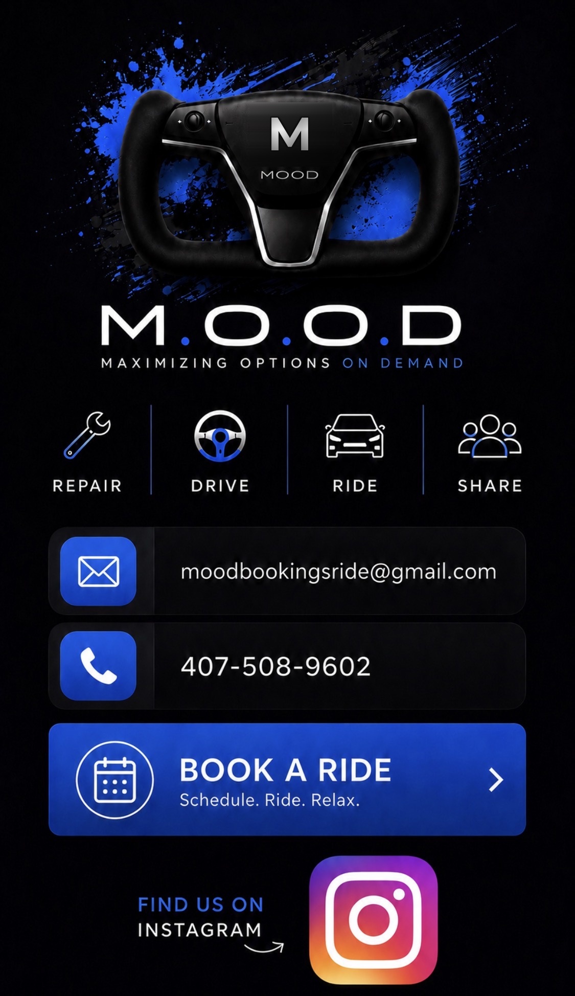 M.O.O.D. Maximizing Options On Demand card: Repair, Drive, Ride, Share, with email moodbookingsride@gmail.com, phone 407-508-9602 and a Book a Ride button