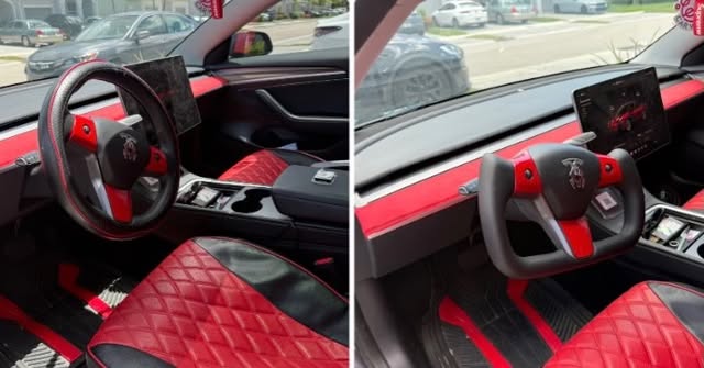 Tesla interior with a red yoke steering wheel and red quilted seats