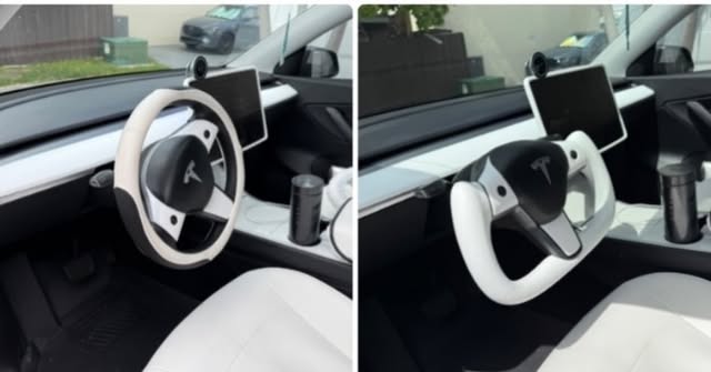 Tesla interior with a white yoke steering wheel and white seats
