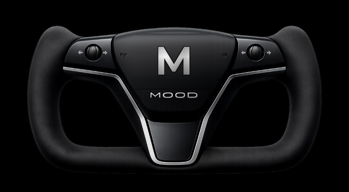 M.O.O.D. yoke steering wheel with the Mood badge on a black background